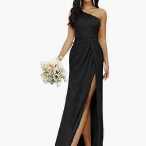 Amidin Long Mermaid Dress with Slit Black Satin Pleated One Shoulder size 4